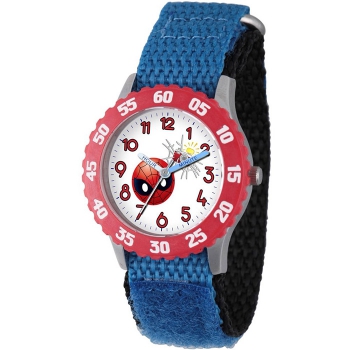 Emoji Kids' Spider-Man Stainless Steel Time Teacher Watch, Red Bezel, Blue Hook and Loop Nylon Strap with Black Backing
